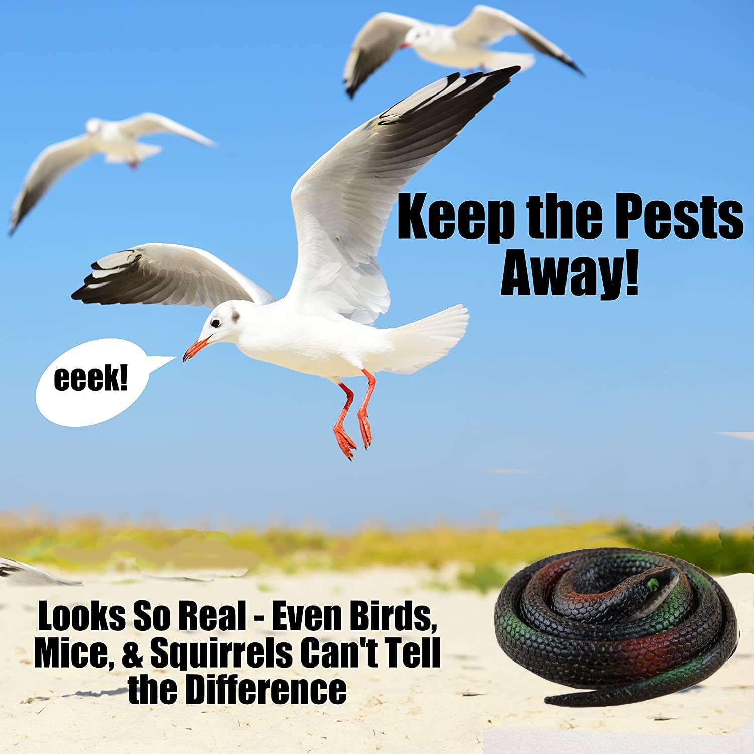 4 Packs Realistic Rubber Snake to Keep Birds Away &ndash; 29 Inch Plastic Forest Fake Snakes April Fools Day Party Halloween Decoration for Garden Props to Scare Birds, Squirrels, Mice, Pranks image number 3