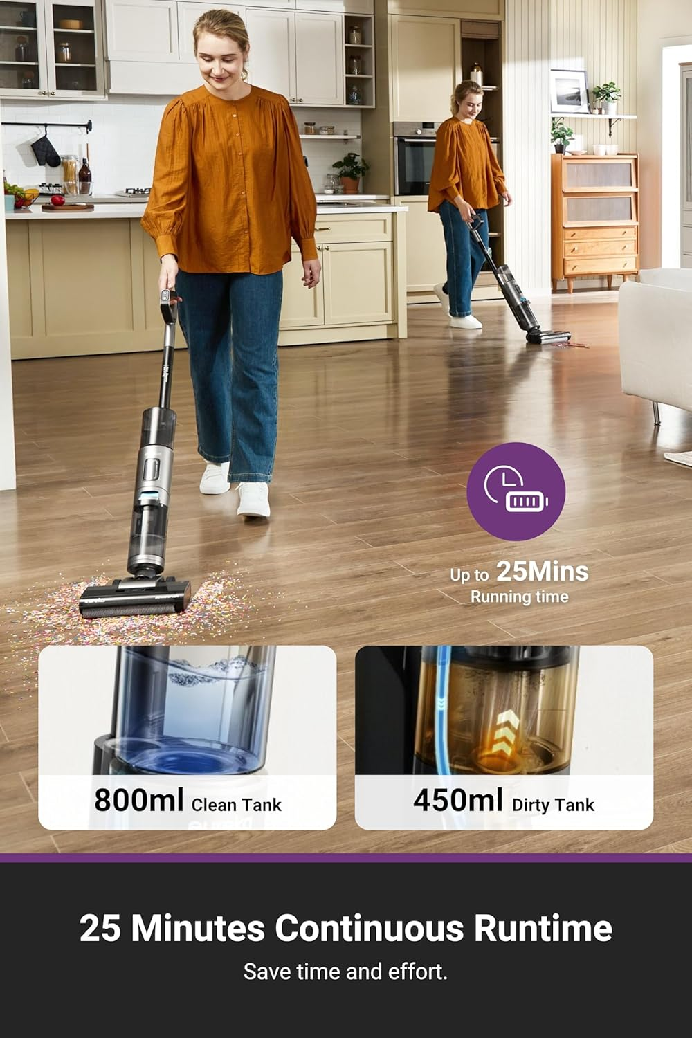EUREKA Rapidwash NEW430BL Cordless Wet Dry Vacuum Cleaner, Smart Floor Washer with Self Cleaning, Air Drying, Edge Clean, LED Display, Powerful Suction, Tangle-Free Design, Long Runtime image number 5