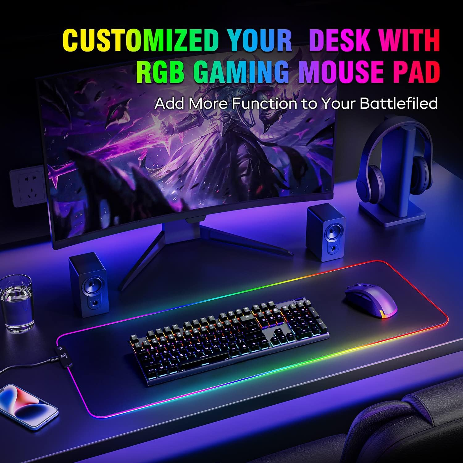 Gimars 800X300X5Mm Large Gaming Mouse Pad with 12 LED Lighting Modes, RGB Mouse Pad with Stitched Edges, Premium Micro-Weave Cloth, Waterproof Desk Mat, Keyboard and Mouse Pad for Desk, Gaming, Office image number 3