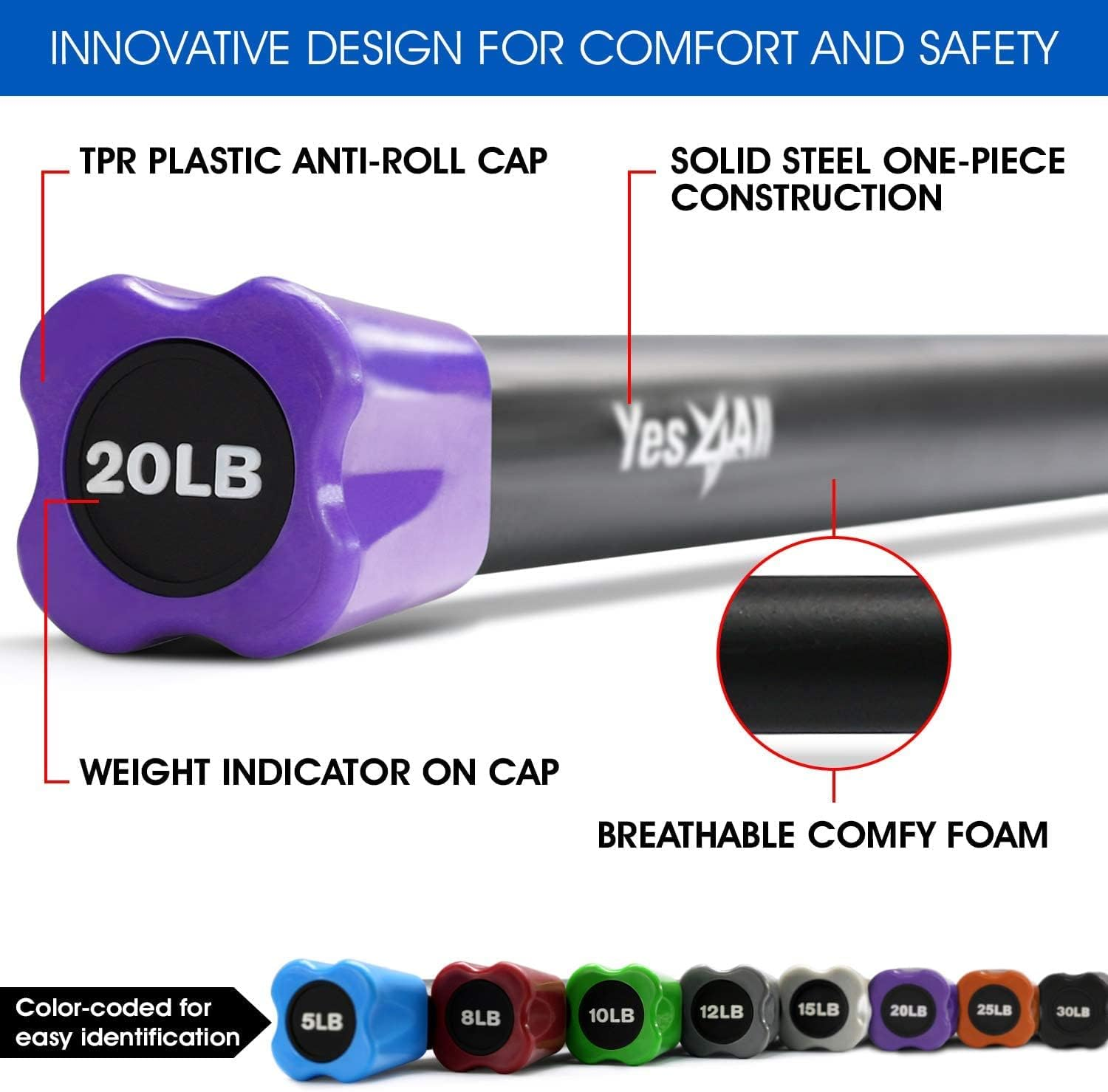 Yes4All Total Body Workout Weighted Bar, Weighted Workout Bar, Body Bar for Exercise, Therapy, Aerobics, Yoga and Strength Training image number 3