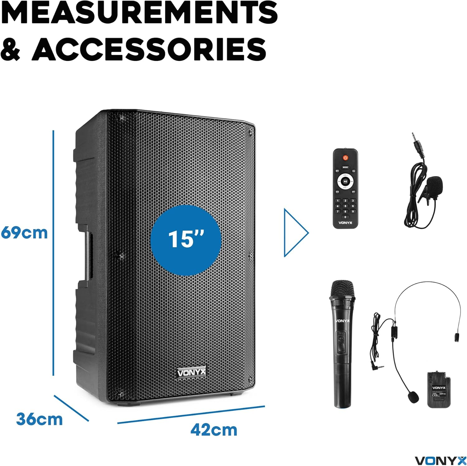Vonyx VSA700-BP 15" Portable PA Active Speaker System, Big Bluetooth Speaker with Battery, Wireless Handheld and Headset Bodypack Microphones, Powered PA Speaker, Rechargeable Battery - 1000W image number 3