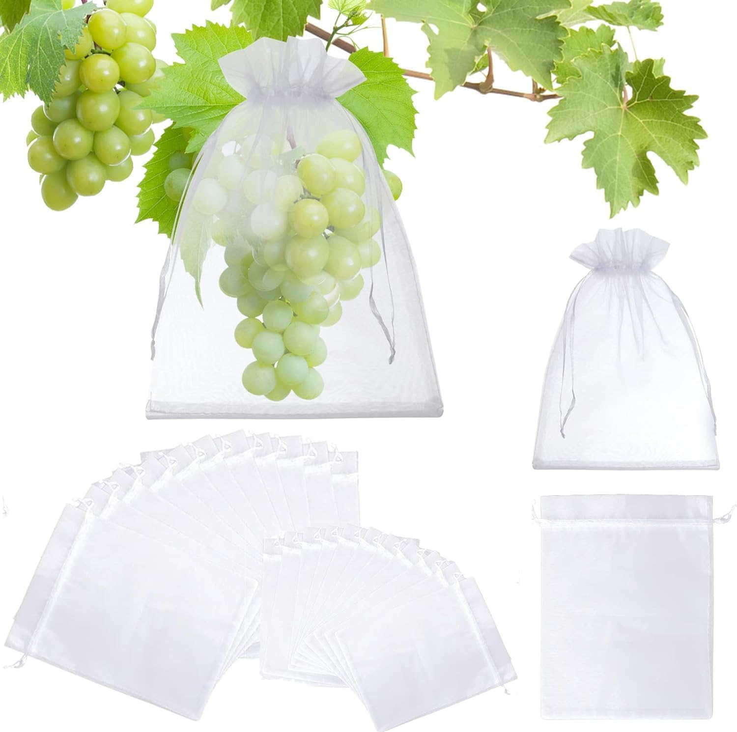 Fruit Protection Netting Bags with Drawstring - White Organza Cover Mesh for Garden Tree - Fruit Cover image number 2