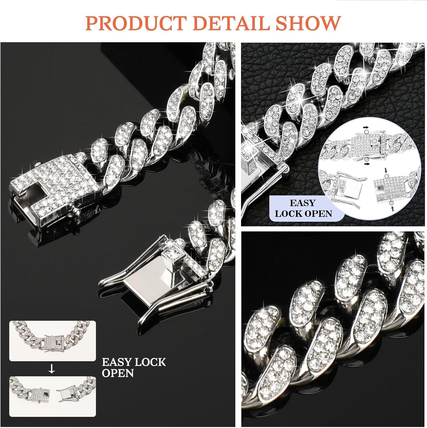 Lilbitty Silver Dog Collar Diamond Cuban Link Collar 13 Mm Wide Dog Collar Metal Cat Collar Pet Crystal Collar Jewellery Accessories 40 Cm image number 5