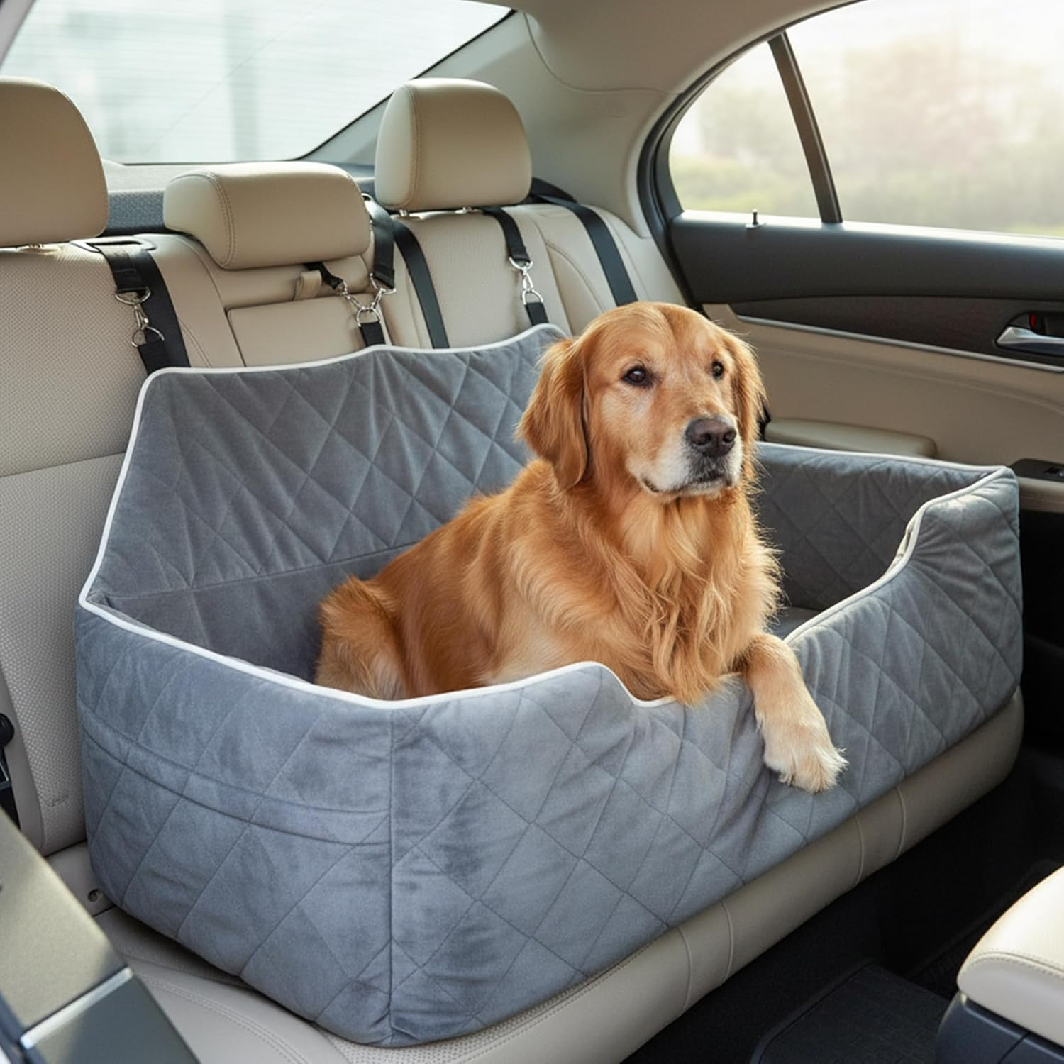 Advwin Dog Car Seat for Large Medium Sized Dogs, Dog Booster Seat for 2 Small Dogs with Detachable Washable Cover and Cushion, Pet Car Seat with Safety Belts and Storage Pockets image number 6