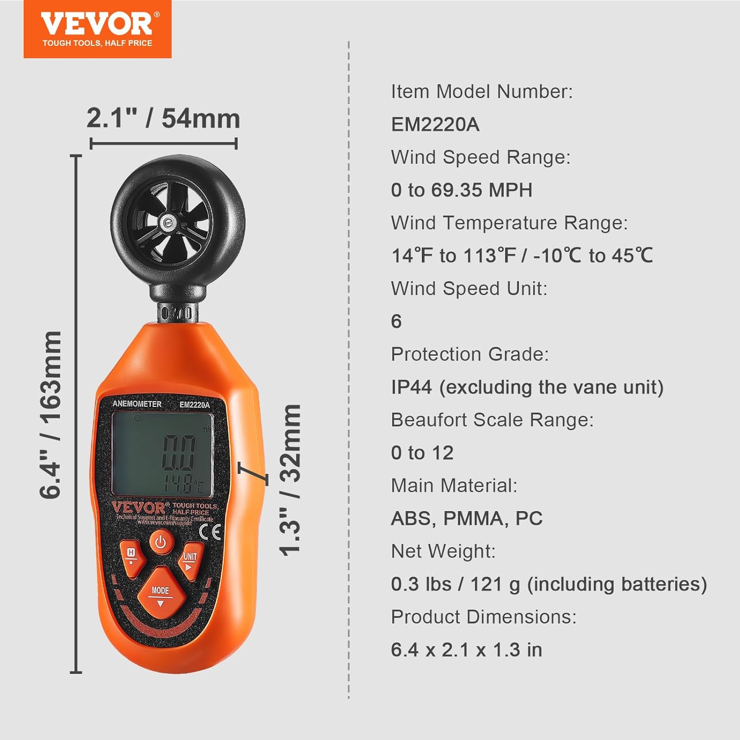 VEVOR Handheld Anemometer, -10℃ to 45℃, Digital Wind Speed Meter Gauge with LED Backlight Screen, Measures Wind Velocity Temperature Air Flow, for Sailing Surfing Drone Flying HVAC