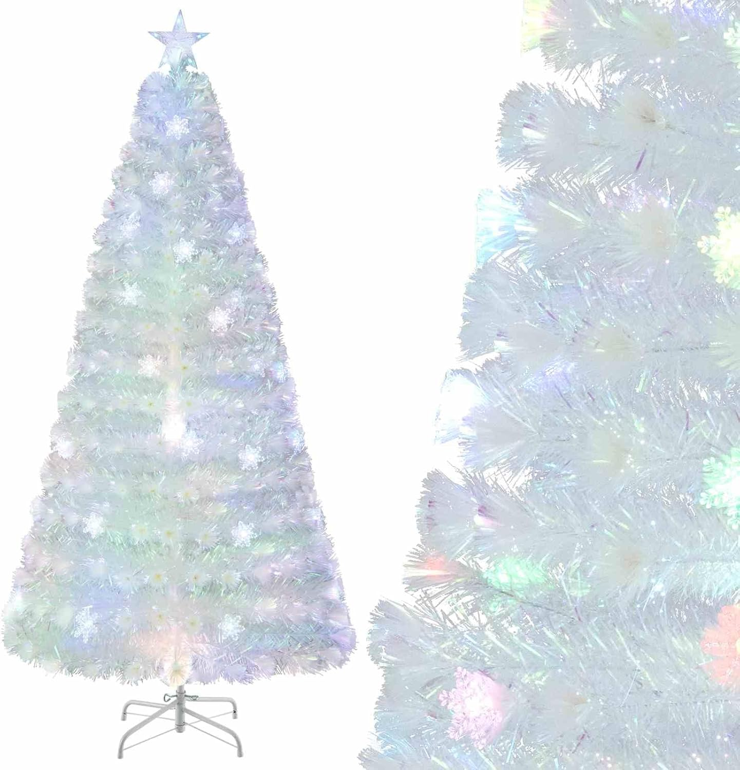 Costway 2.1M Artificial Fiber Optic Christmas Tree, White Pre-Lit Xmas Tree with 270 Branch Tips, Iridescent Leaves, Top Star Light, 48 Multi-Color Snowflake Lights for Party Home image number 3