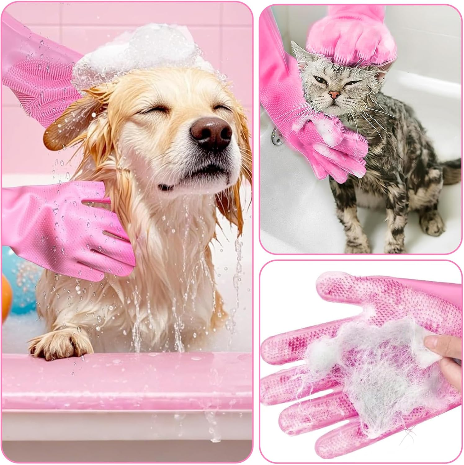 Pet Grooming Gloves for Dogs & Cats - Pink Massage Bathing Gloves, Gentle Hair Remover, Reusable & Waterproof Dog Cat Grooming Mitt for Washing, Shedding, Cleaning image number 4