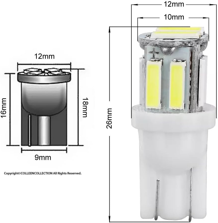 T10 LED Car Bulbs &ndash; 4 Pack Super Bright 10-SMD 7020 Wedge &ndash; 6000K White Interior Dome, Map, License Plate Lights &ndash; W5W Plug & Play Replacement [Fits 194/168/2825]