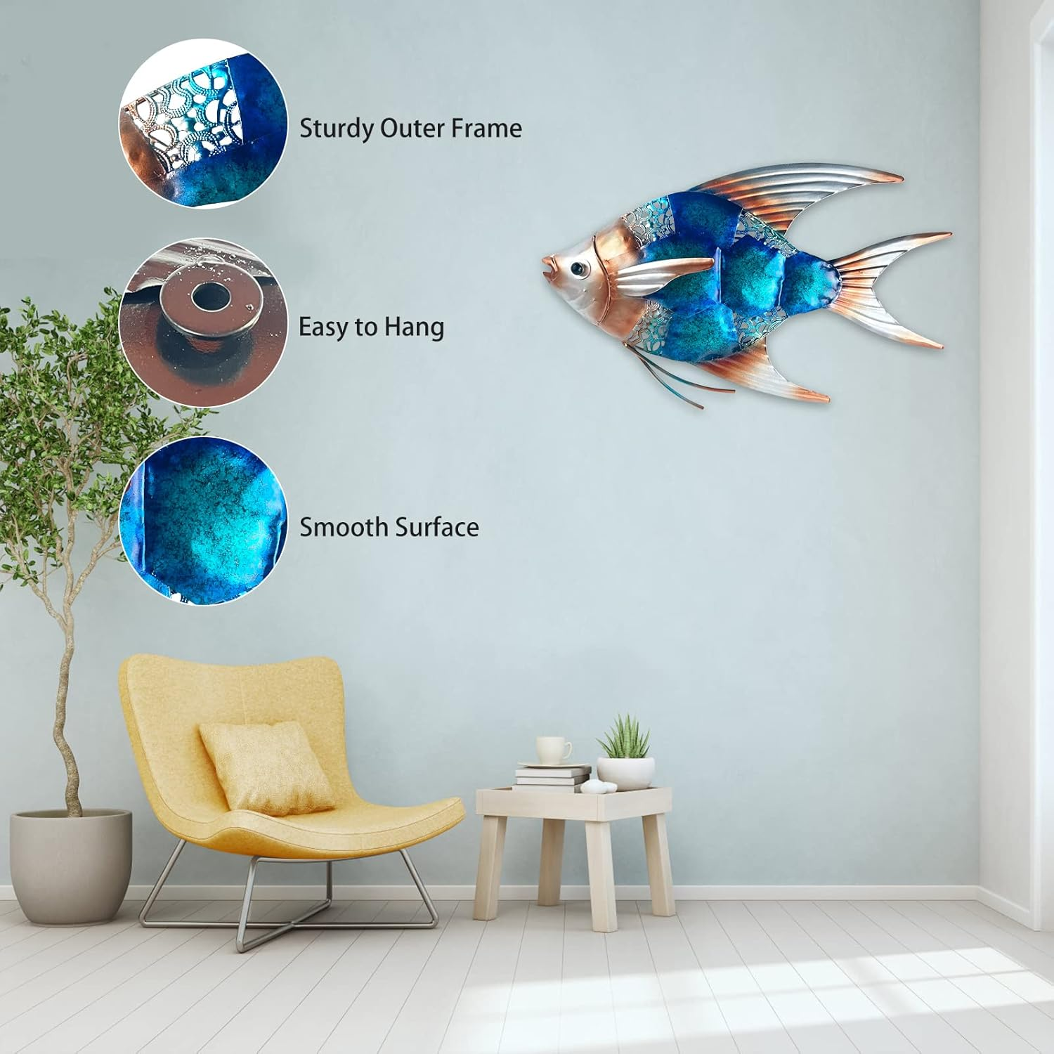 LIFFY Metal Fish Wall Decor -Outdoor Metal Fish Wall Decor - Indoor Art Sculpture - Hanging Decorations for Home, Garden, Bedroom, Sculptures, Ocean, Kitchen Bathroom, and Pool (Blue Angelfish) image number 1