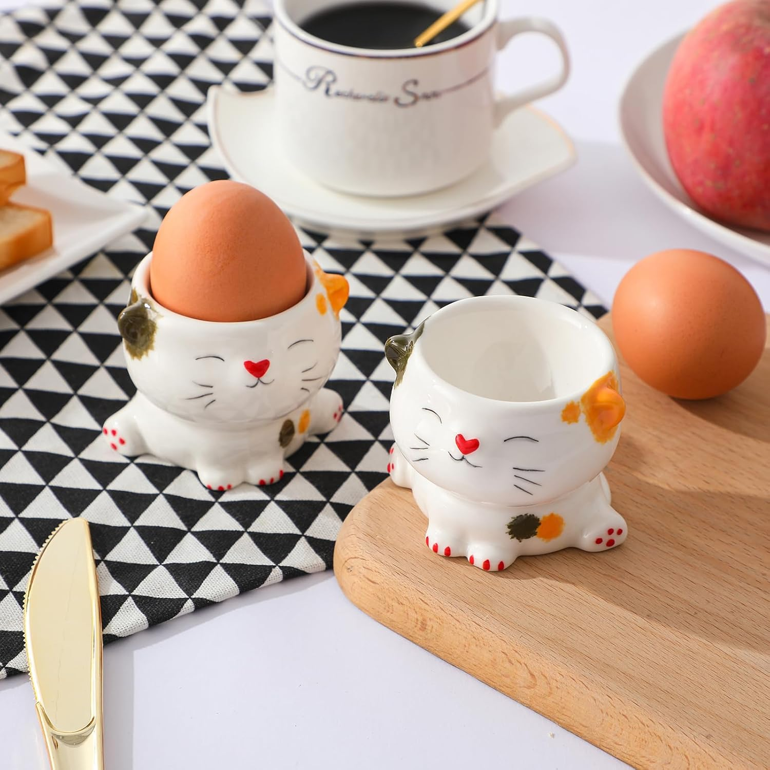 WW STYLE Egg Cups Set of 2, High-Quality Ceramic, Cute Cat Design, Porcelain, Egg Holder, Tableware Decoration, Gift, Christmas, Birthday, Family, Friends, Children image number 6