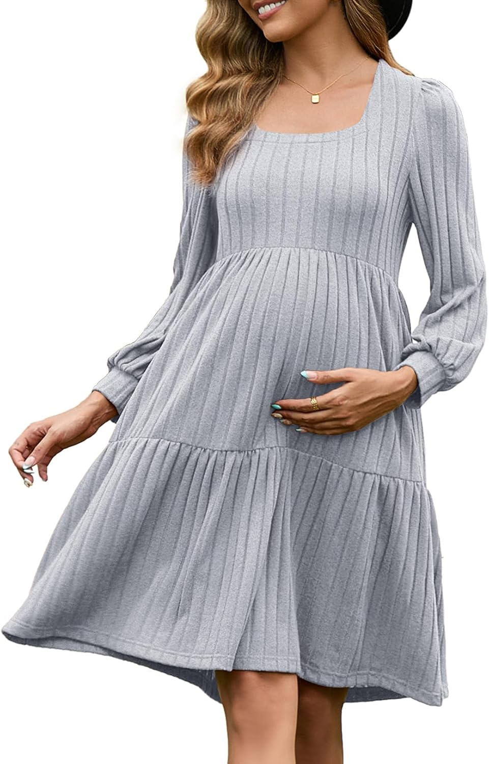 GINKANA Womens Maternity Sweater Dress Square Neck Long Sleeve Fall Casual Pregnancy Babydoll Knit Dresses with Pocket