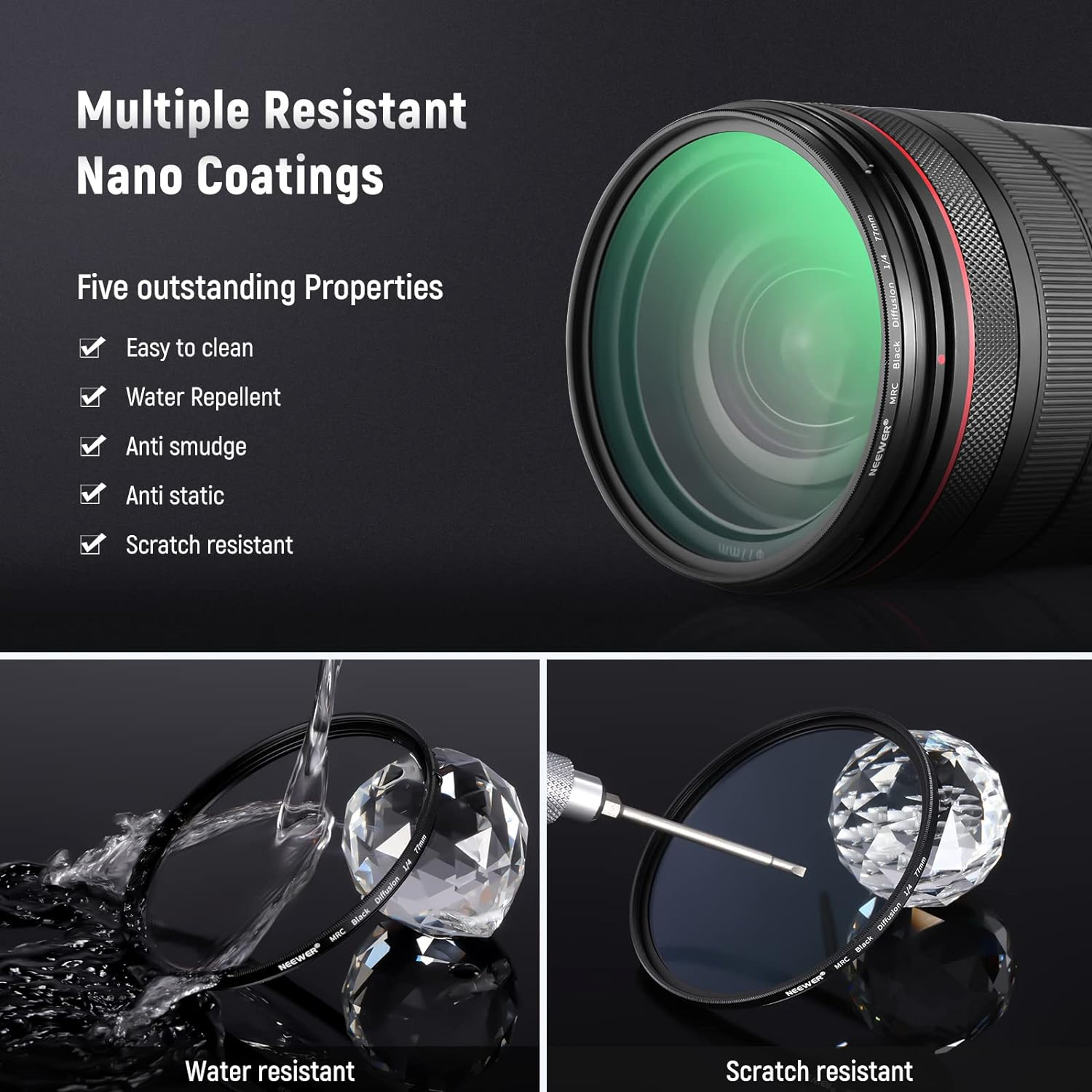 NEEWER 2 Pcs 77Mm Black Diffusion Lens Filter Kit, 1/4 & 1/8 Dreamy Cinematic Effect Filters with Storage Cases, Cleaning Cloths, Multi Nano Coated HD Optical Glass for Video/Vlog/Portrait Shot image number 2