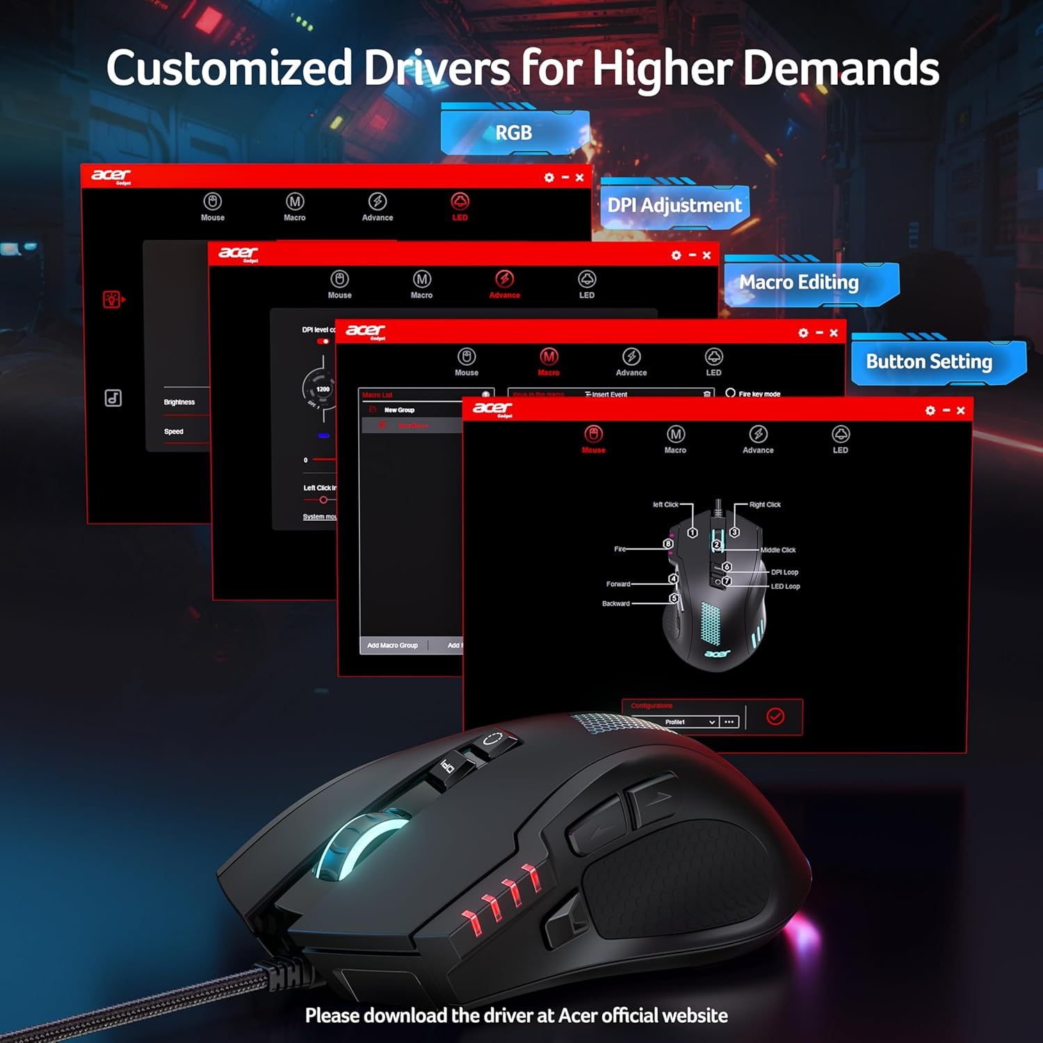 Acer Wired Gaming Mouse 12800 DPI, Computer Mouse Gaming with Cord [Driver-Supported] 8 Programmable Buttons, Rapid Fire, 1000Hz Polling Rate, 12 RGB Backlights, Optical Tracking Mice for PC Laptops image number 2