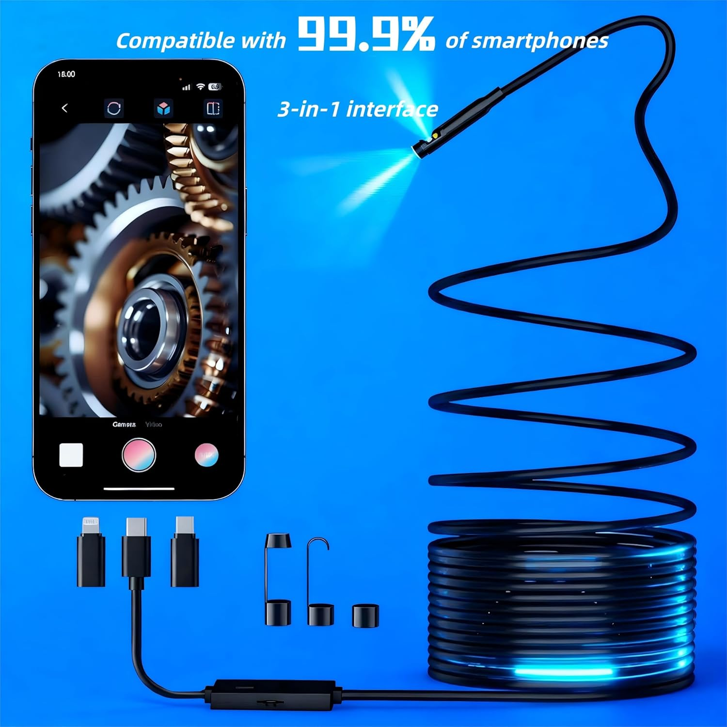 Endoscope Camera with Light, Dual-Lens 1920P HD Borescope with 8 Adjustable LED Lights, IPX68 Waterproof Boroscope Inspection Tools, 5M Semi-Rigid Snake Camera for Ios & Android image number 4