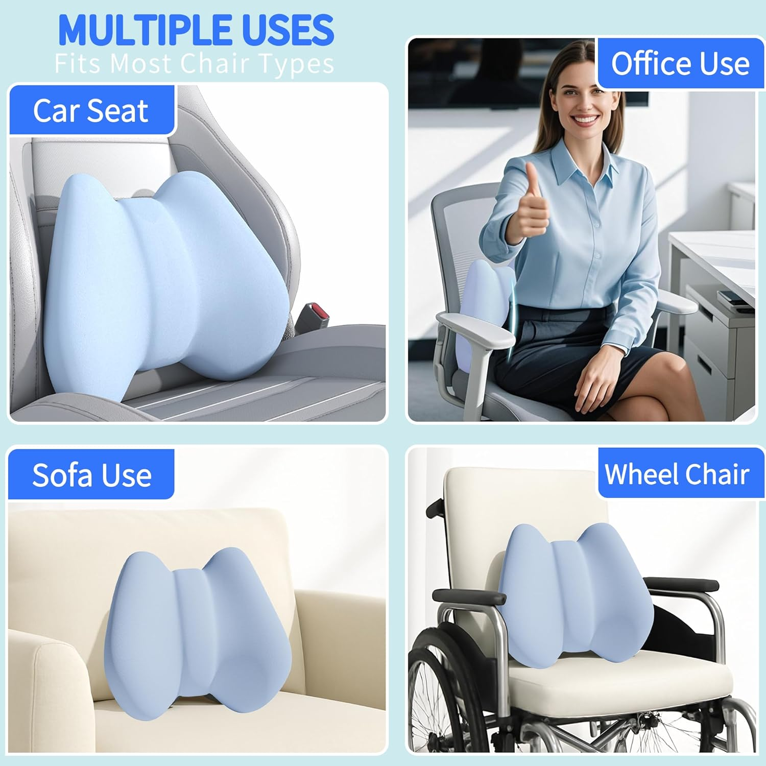Back Support Pillow for Pain Relief, Lumbar Support Cushion with Adjustable Strap, Soft Memory Foam Lower Back Rest Cushion for Car Seat & Office Chair (Light Blue) - Light Blue image number 2