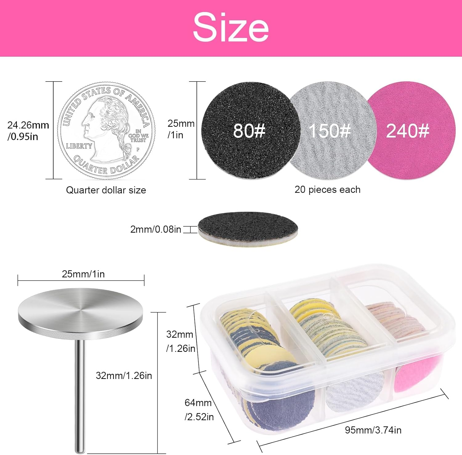 Rolybag Sanding Paper Discs and Metal Nail Drill Bit 25Mm Pedicure Disc Replacement Sanding Discs Bits for Nail Drill Foot Files Electric Remover Dead Skin Callus (#80#150#240 Grit) image number 5