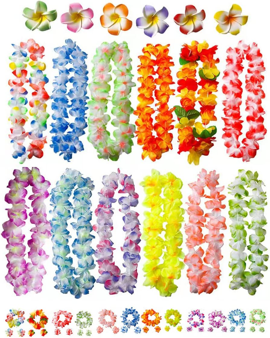 50 PCS Soft Hawaiian Leis Luau Party Decorations Tropical Party Favors Lei Hawaiian Flower Hair Clip,Headbands and Wristbands Perfect for Your Hawaii Luaus Party. image number 2