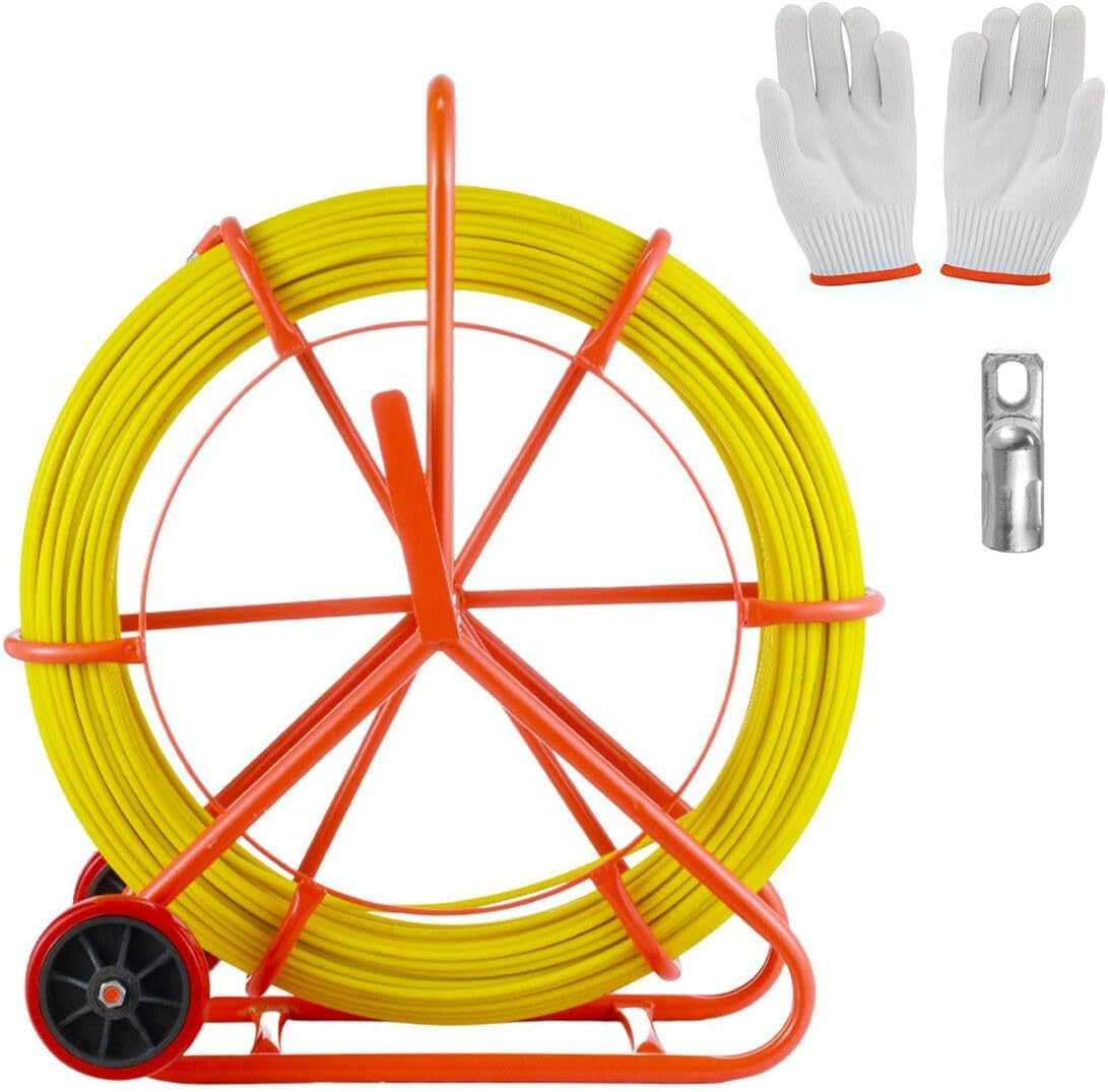 AUSWAY Fish Tape Puller Fibreglass Wire Cable Running Rod Duct Rodder 150Mx8Mm Electrical NBN Fishtape Pulling Tool Brake Wheels Portable Steel Reel Stand