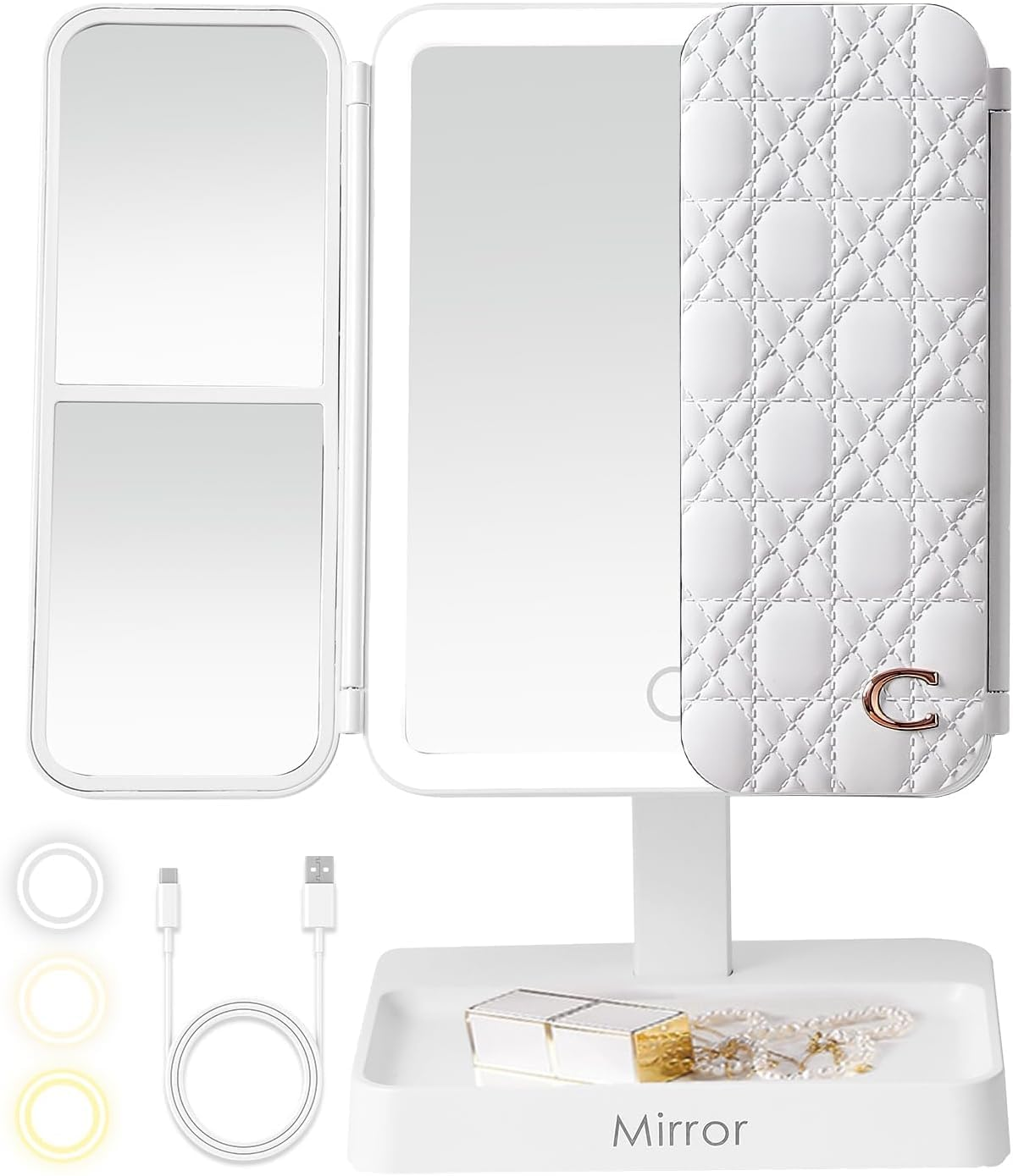 Vanity Mirror with Lights & 2X/3X Magnification &ndash; Touch Control Tri-Fold LED Makeup Mirror | 3 Color Modes, USB Rechargeable (White, Perfect Women&rsquo;S Gift) image number 3