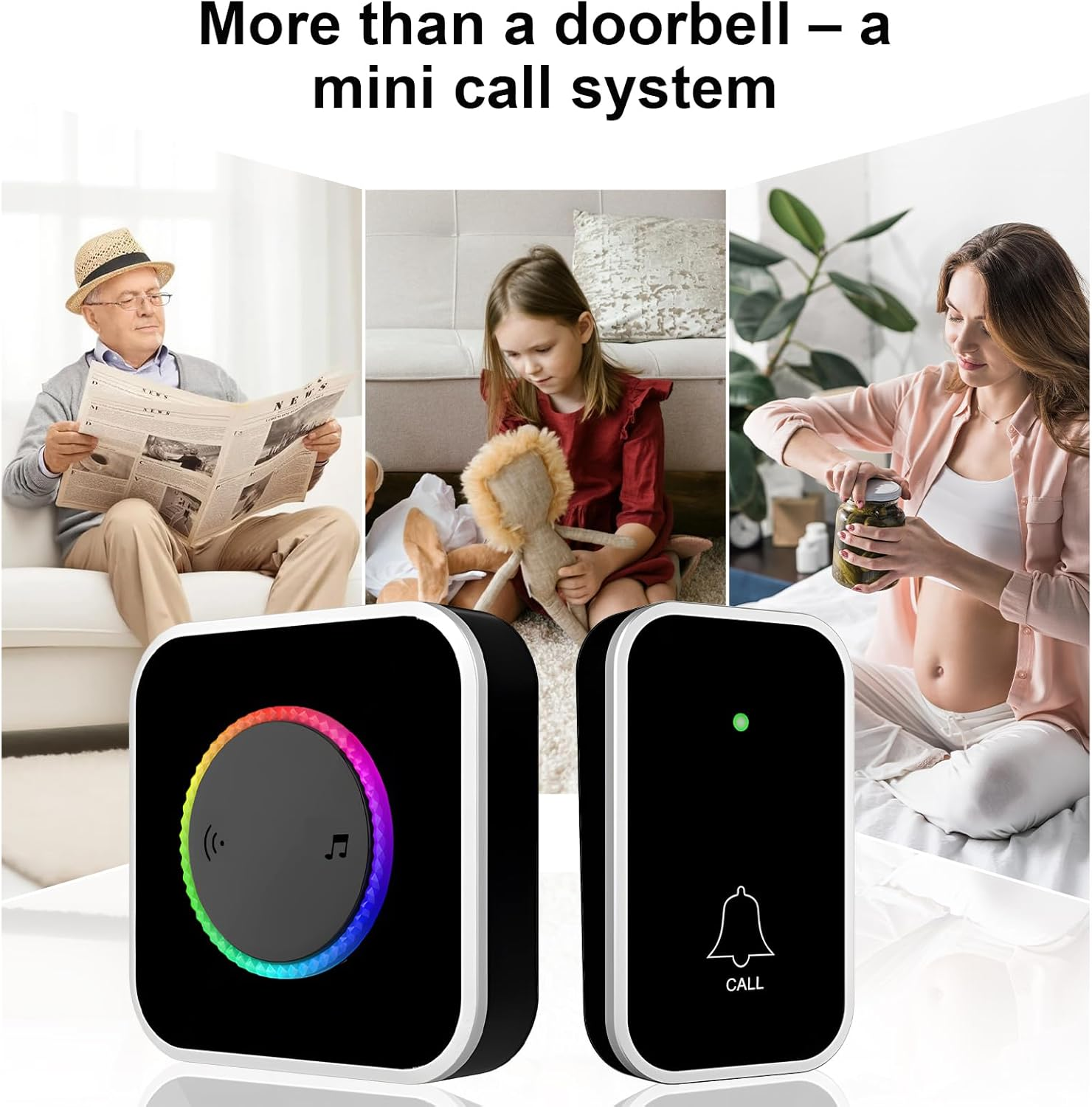 Wireless Doorbell Chime with 1 Remote Waterproof Transmitter and 2 Plugin Receivers, Remote Door Bell Ringer 300M Long Range, 60 Ringtones &bull; 4 Volume Levels &bull; Colorful LED Flash &bull; Portable Doorbell image number 2