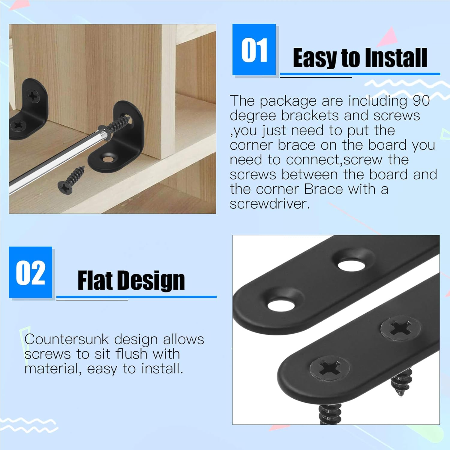 Glarks 20 Set 40Mm Black L Angle Bracket Corner Brace Joint Fastener for Wood Chair Bookshelf Board Window Furniture Cabinet (40X40X2Mm) image number 2