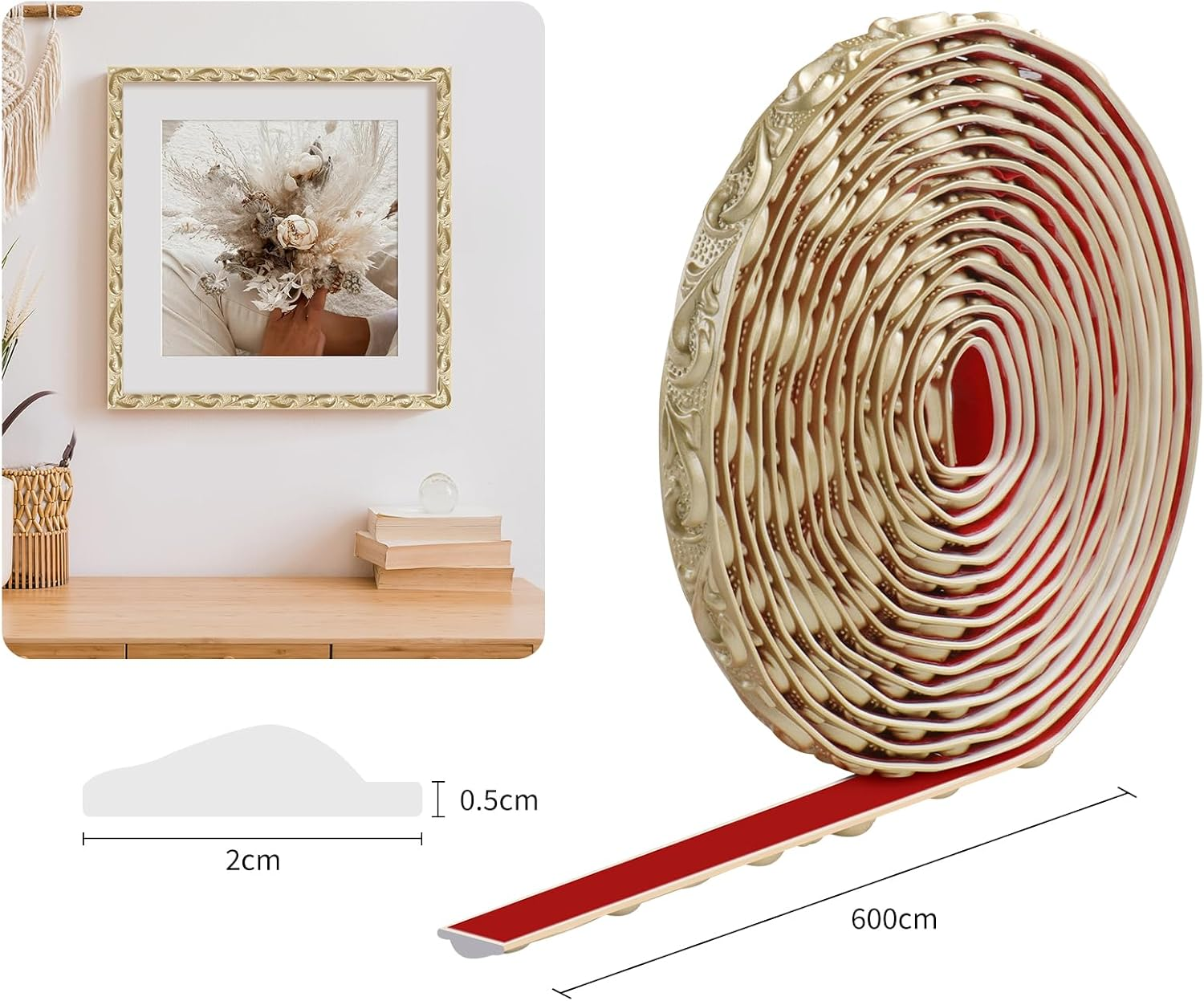 6 Meters Peel and Stick Wall Trim, 3D Moulding Trim, Self-Adhesive Ceiling Coving for Mirror Frames, Cabinet Doors, Door Frames, Ceilings, Home Decorations(Champagne Gold)