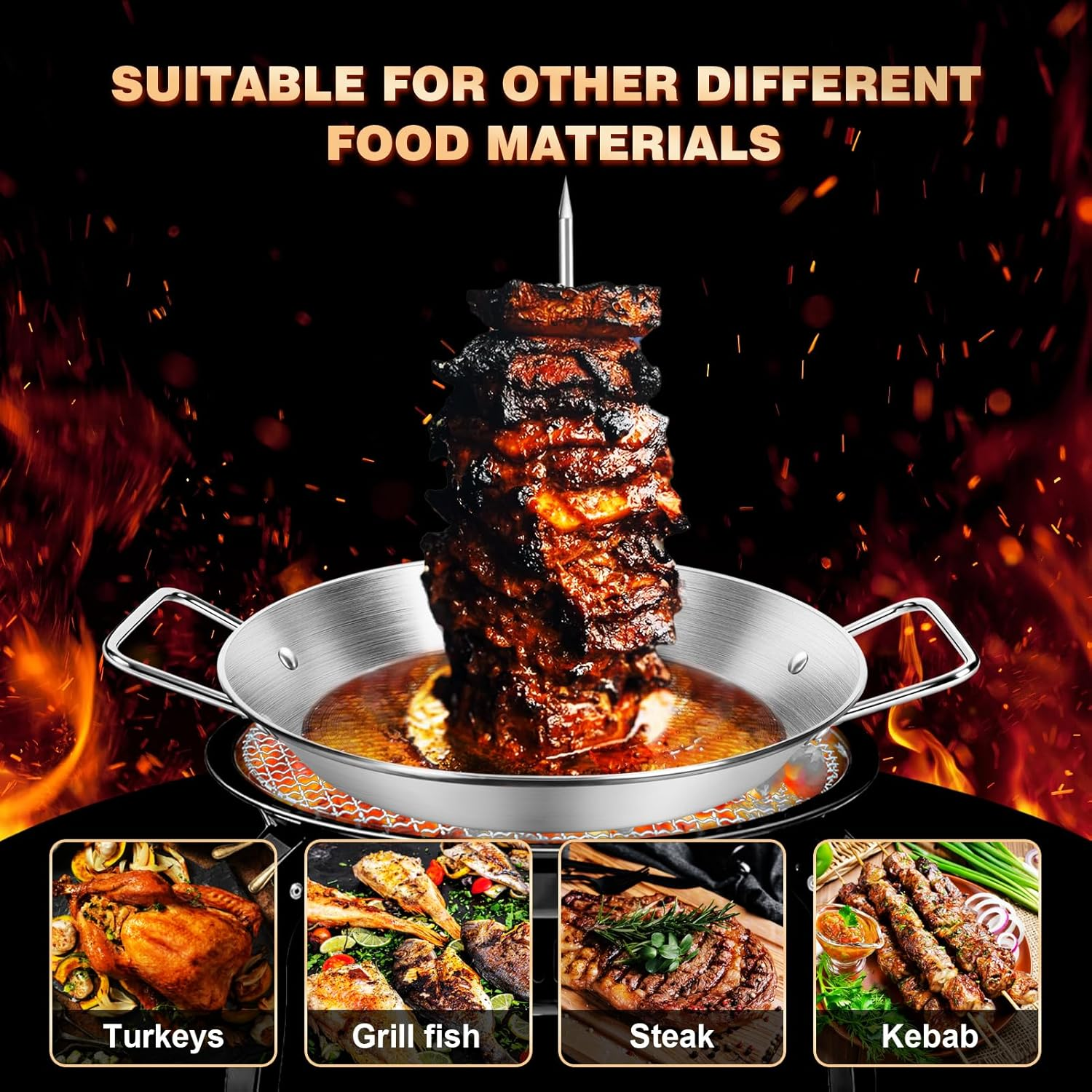 10" Al Pastor Skewer for Grill, Gyro Pan with Skewer, BBQ Vertical Skewer Pan, Stand Rack for Tacos, Shawarma, Kebabs, Gyros, with 3 Removable (9/10/12) Barbecue Spikes, 2 Oil Brushes & Barbecue Tongs image number 2