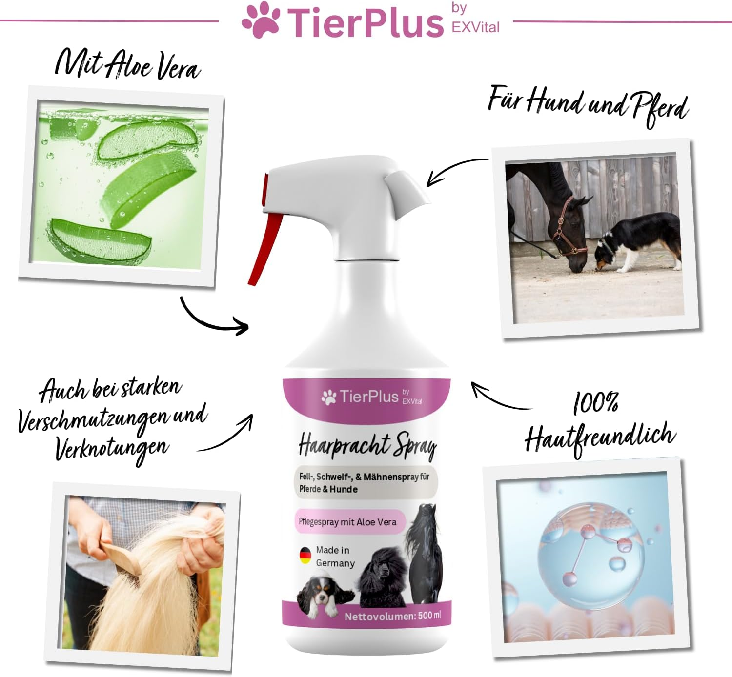 Tierplus Haarpracht Spray for Horses & Dogs, 500 Ml Spray Bottle, Coat, Tail & Mane Spray, Care Spray for Silky Shine, Easy Combing & Detangling, Naturally Skin-Friendly Care image number 5