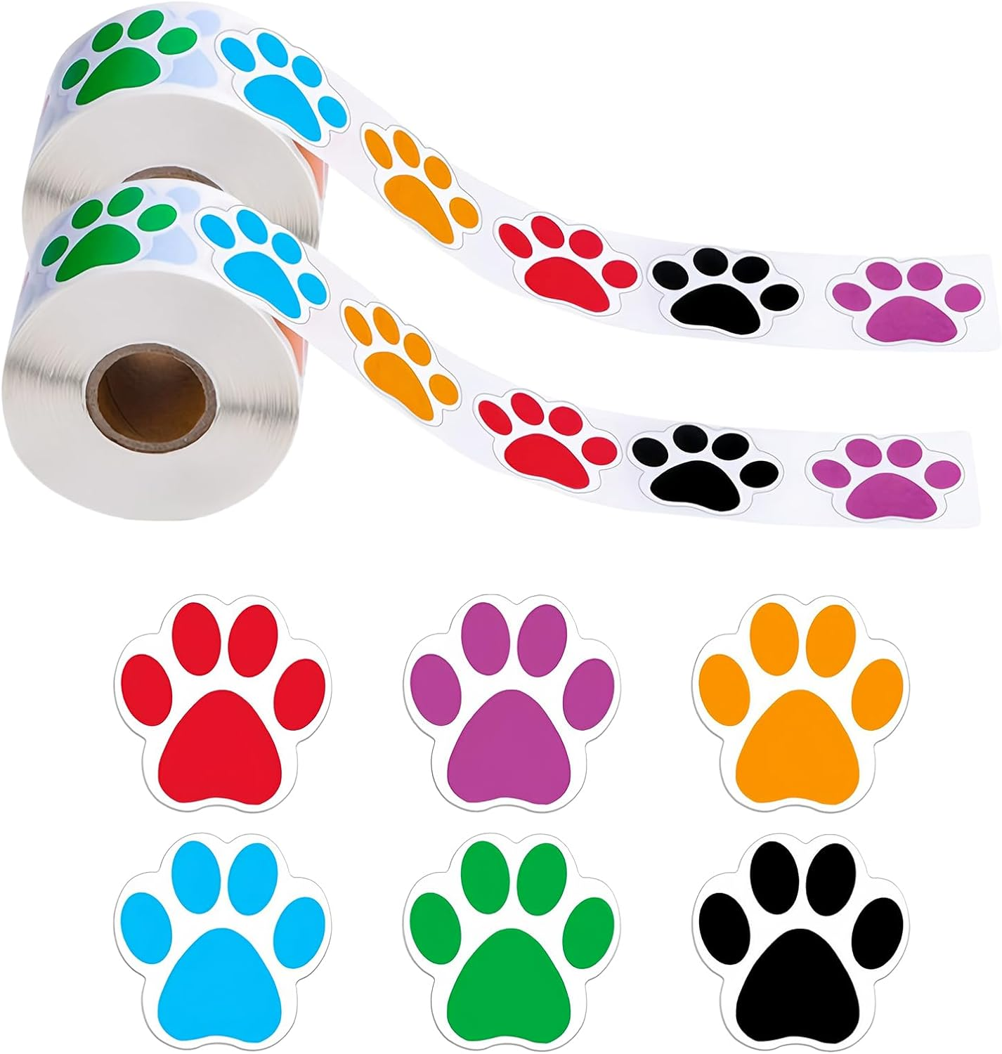 Dog Paw Print Stickers, Roll/1000Pcs Colorful Dog Paw Label Stickers, Bear Paw Animal Paw Print Stickers for Scrapbook Wall Decal Decoration image number 1