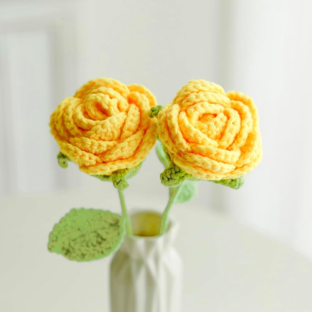 Ozfuns 6 PCS Hand-Woven Roses,Knitting Crochet Flower Bouquet,Crochet Handmade Red Rose Artificial Flowers,Wedding Decor Suitable for Anniversaries Celebrations Birthday Gift (Yellow) image number 1