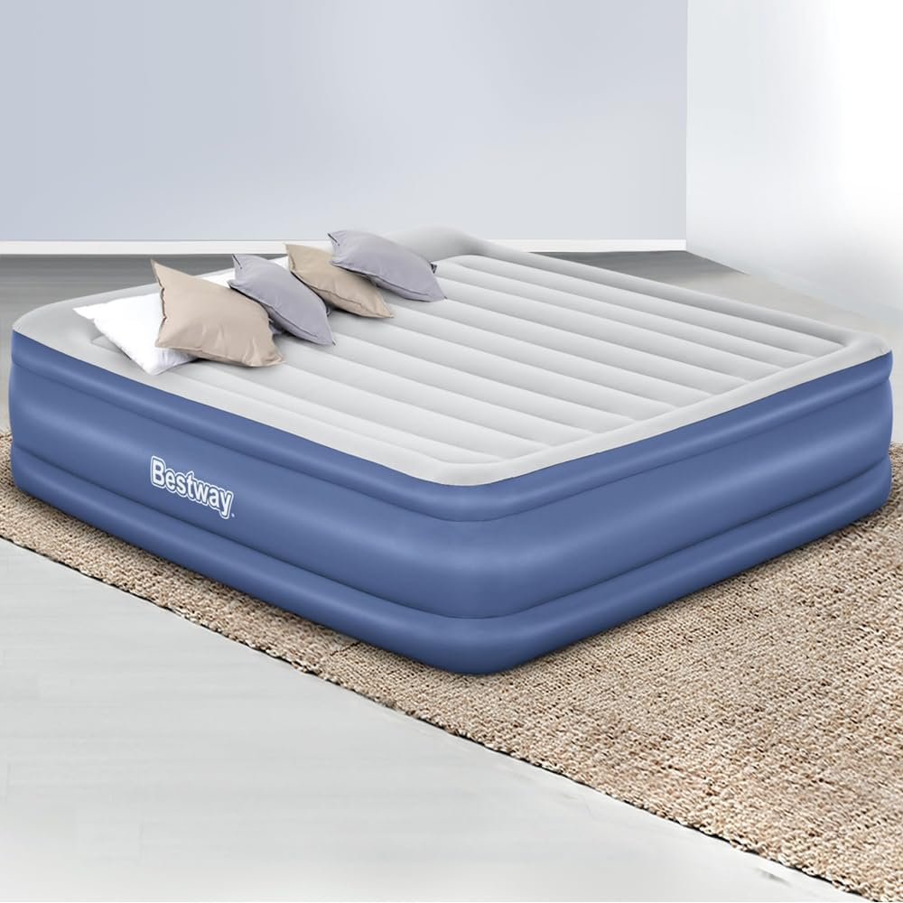 Bestway King Air Mattress with AC Pump, Camping Inflatable Bed Beds Blow up Sleeping Airbed Indoor Outdoor Hiking Travel Holiday Car Airbeds, Carry Bag Pillow Flocked Surface Blue image number 2