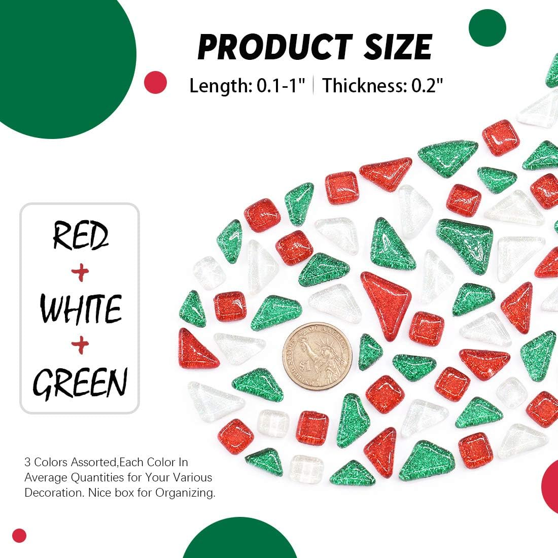 Hilitchi 1Lb 3 Colors Mosaic Tiles Assorted Stained Glass Mosaic Tile Glass Pieces Arts and Crafts Gifts, Ideal for Handmade Gift Mosaic Candle Holder- Red Green White Mosaic Tile - Glittery Mixed Color-E image number 2