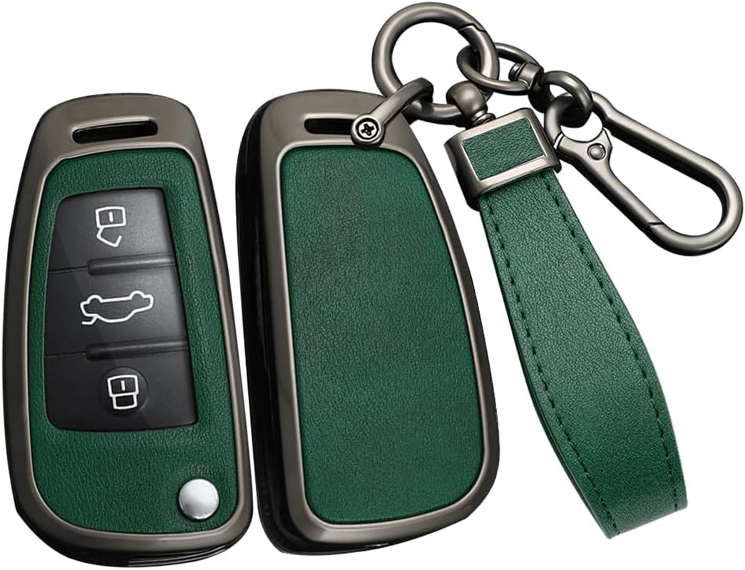 Ontto Metal Car Key Fob Cover Fit for Audi A1 A3 8P A4 A5 A6 C7 A7 S3 S7 S8 R8 Q2 Q3 Q5 Q7 Q8 SQ5 TT RS3 RS6 3 Buttons Flip Leather Key Case Shell Key Holder Keyring Keychain Accessories Black-Green - Black-Borwn image number 2