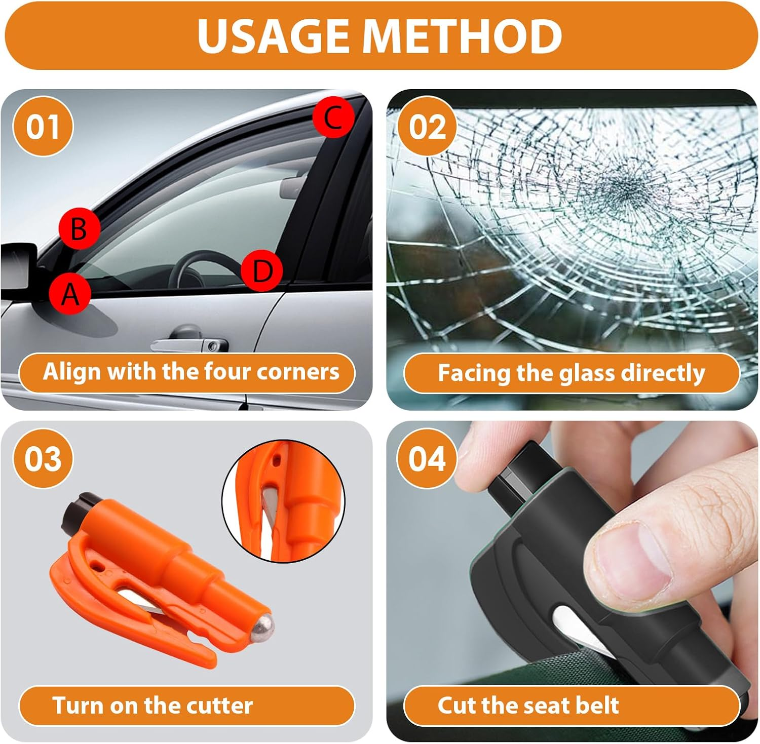 Ozessence 2 Car Window Breaker, 2-In-1 Emergency Keychain Car Escape Tool with Seatbelt Cutter, Simple Operation Crushed by One Press (Black/Orange image number 3