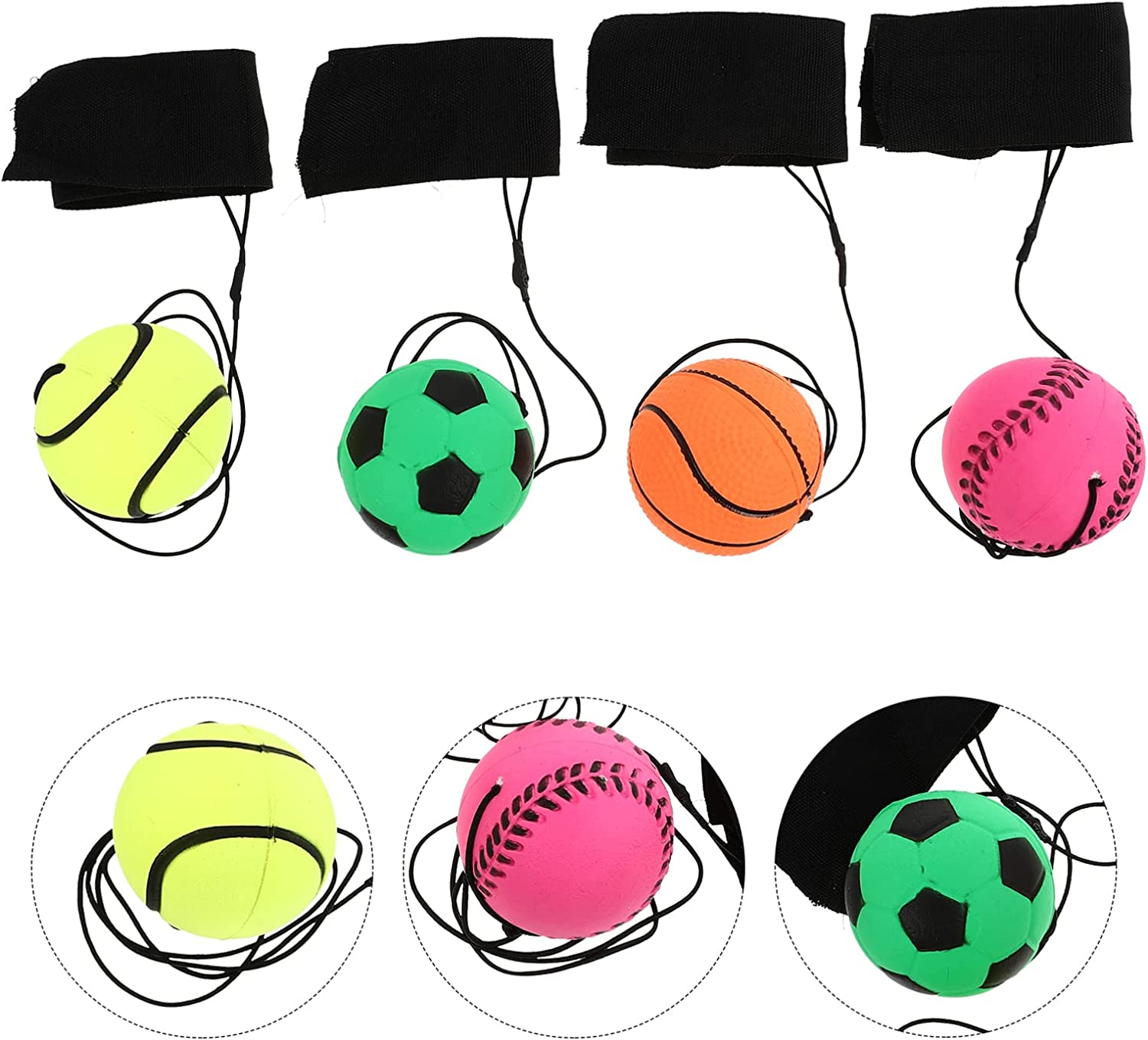 STOBOK 4Pcs Sports Wrist Balls Rubber Bouncy Ball Basketball Baseball Football Tennis Return Ball Elastic String Wristband Ball for Kids image number 6