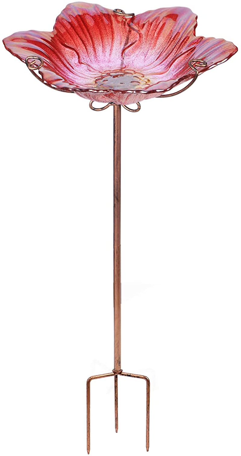 MUMTOP Bird Baths for Outdoors Glass Bird Bath Bowl Outdoor Bird Feeder Flower Pattern with Metal Stake for Garden, Yard and Lawn Decor(Blue)