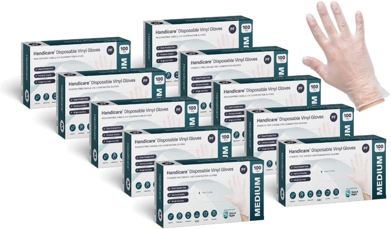 1000 Count Handicare Medical Vinyl Examination Gloves Latex Free Rubber (10 Boxes of 100) | Disposable, Ultra-Strong, Clear | Fluid, Blood, Exam, Healthcare, Food Handling Use | No Powder