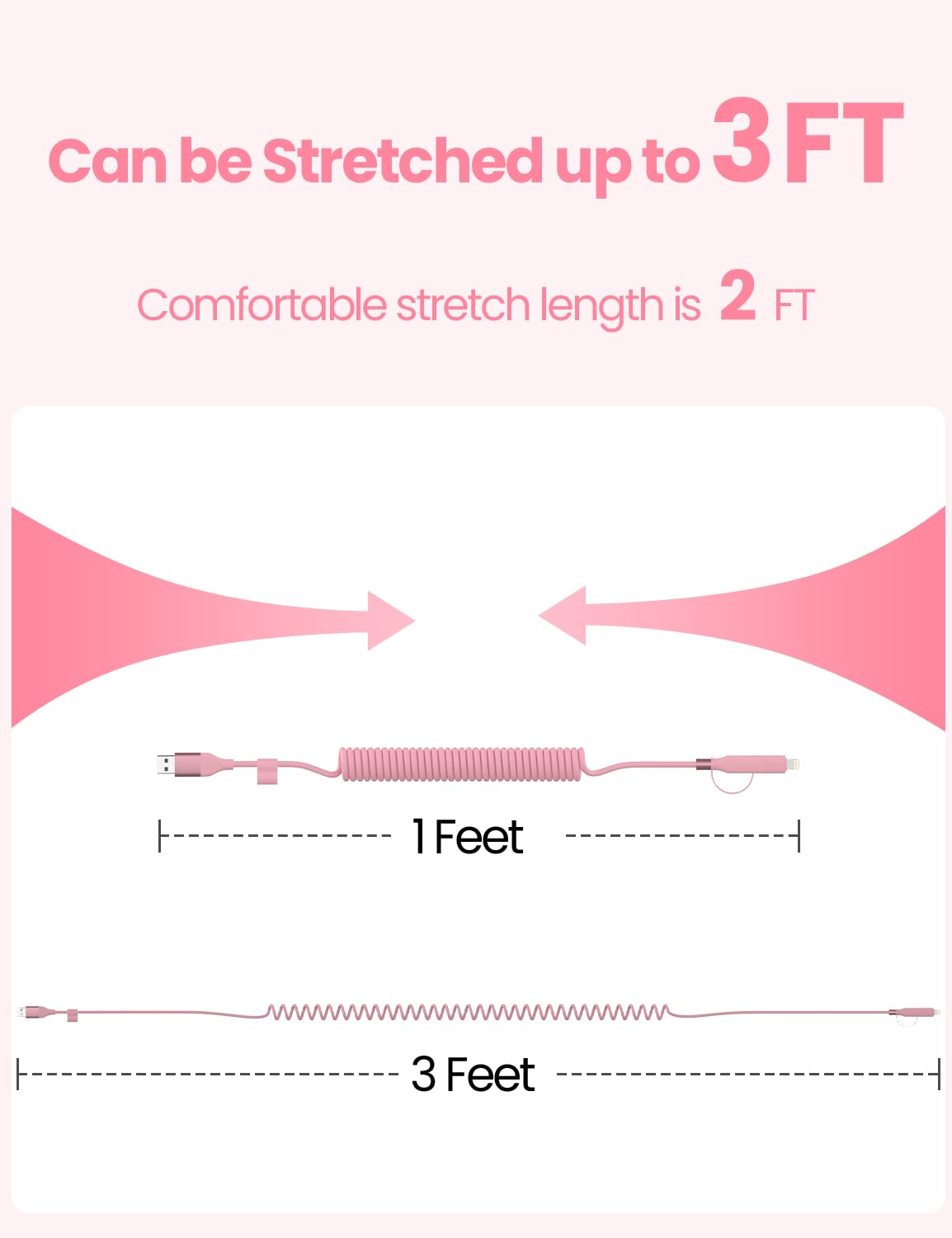 Coiled USB-C and Lightning Cable 2-In-1, Iphone 17 Car Charger Cord, 60W Fast Charging Cable for Iphone 16/15, Samsung Galaxy Supports Apple Carplay & Android Auto 1M (Pink) - Pink image number 5