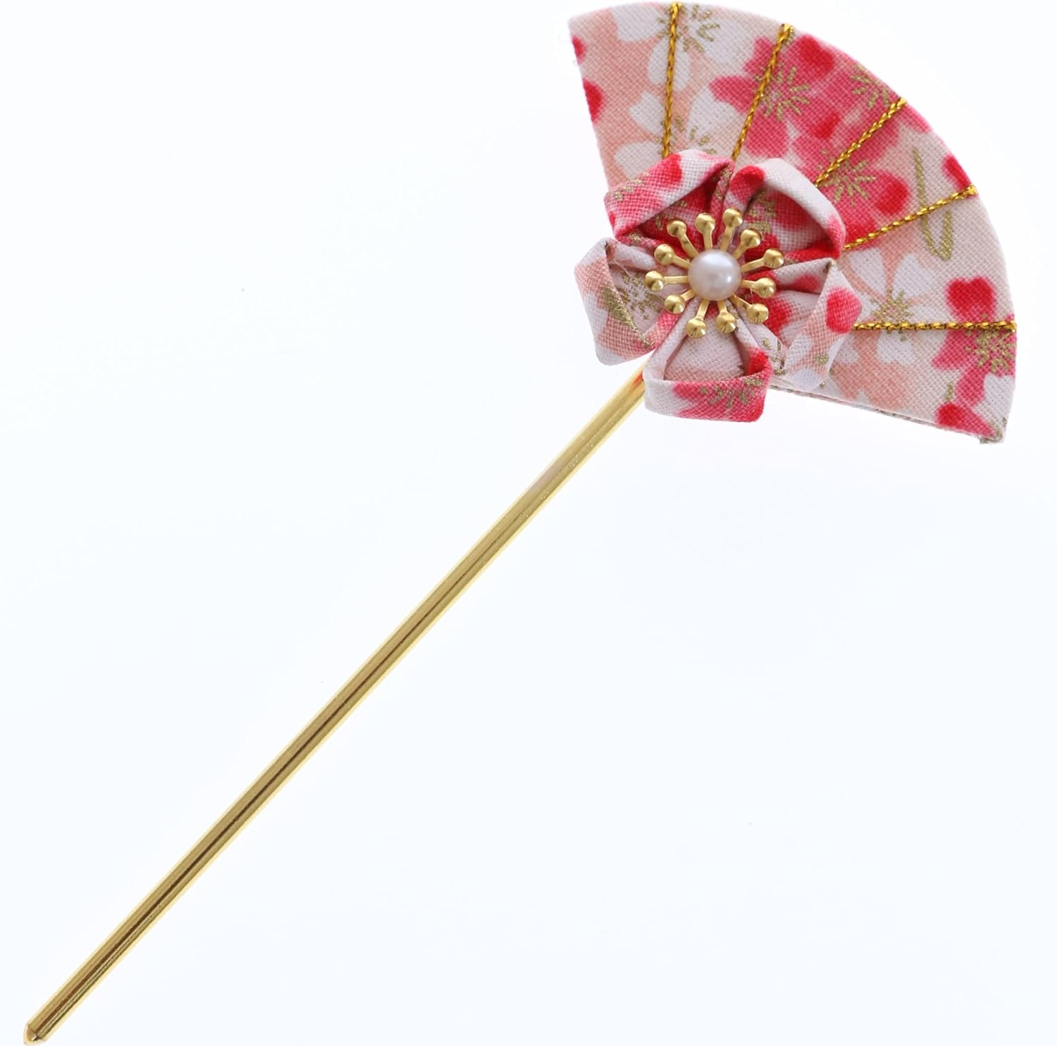 C-121-3 Pink White Hair Pin Fan Shape Pin Hairpin Fabric Flower Sakura Japan Geisha Kimono Accessory image number 4