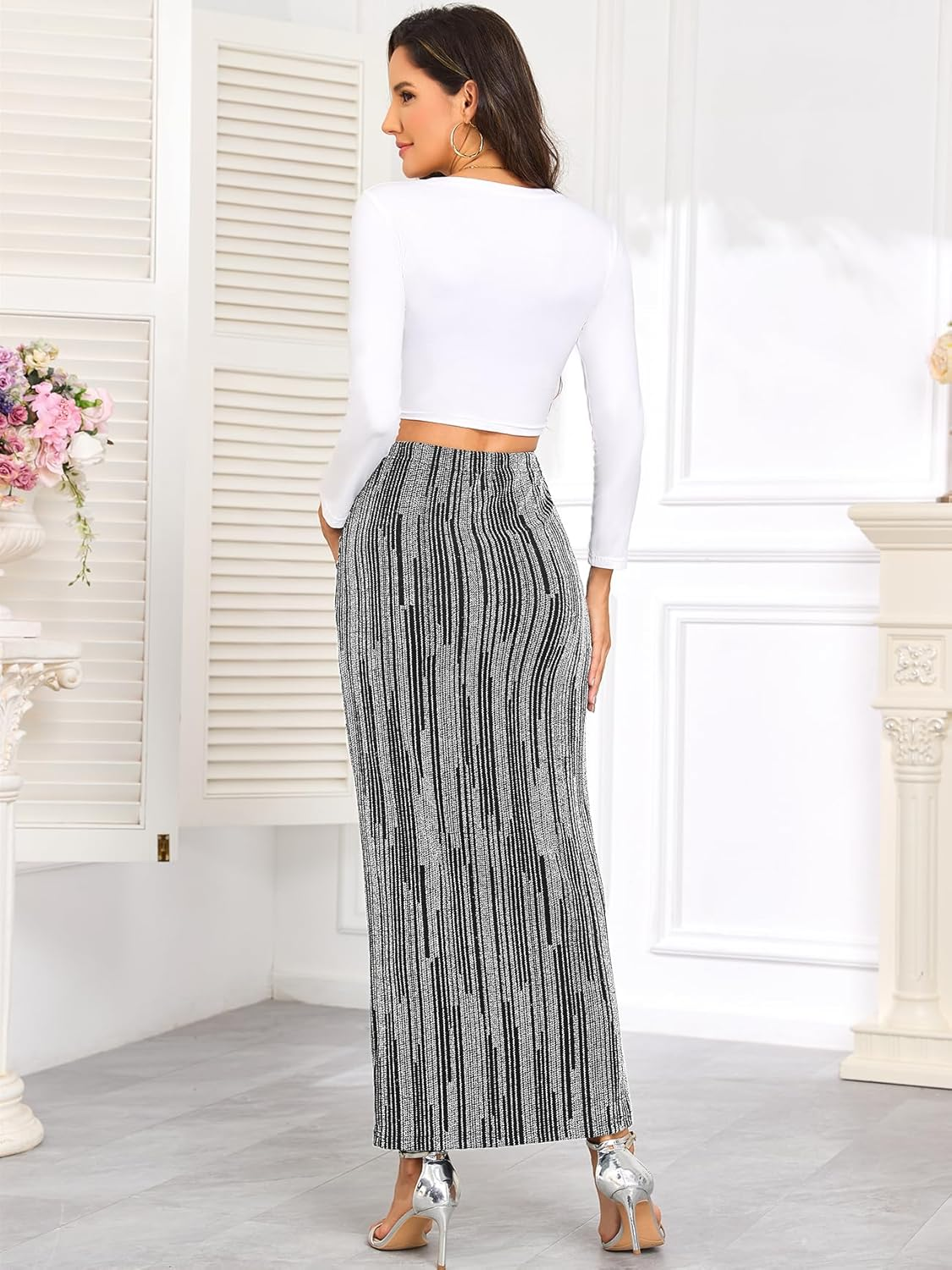 Maternity Sparkly Adjustable Waist Maxi Skirt over the Belly Stretchy Pregnancy Long Pencil Skirts image number 1