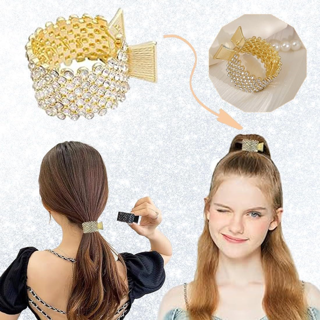 ZEPIQOR Pack of 3 Women'S Hair Clips Metal Rhinestone Hair Clips Holder High Ponytail Non-Slip Fashionable for Thick Thin Hair (Gold, Silver, Black) image number 2