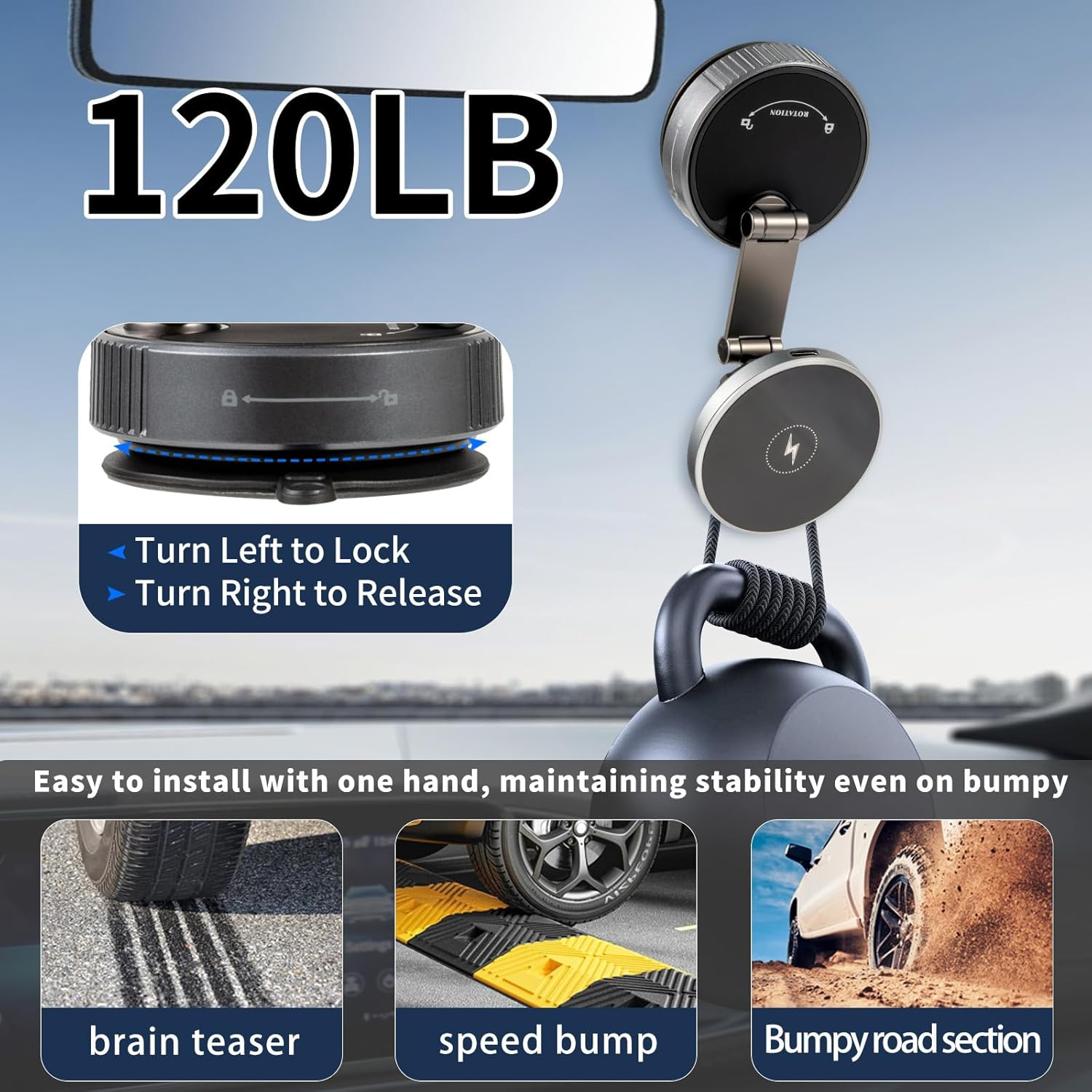 Car Phone Holder Charger-15W Fast Wireless Charging, 360&deg; Rotation Adjustable Magsafe Car Mount, 120LBS Strongest Vacuum Suction, 2800Gf Strong Magnetic Phone Holders for Iphone & Android image number 5