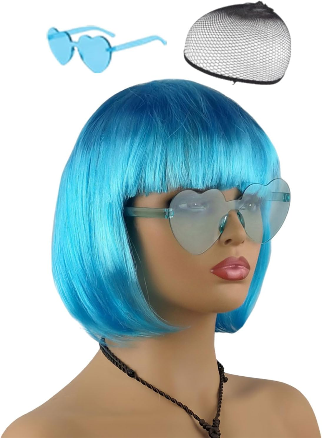 MOPZIJA 3 Pieces Bob Wig, Pulp Fiction Costume, Wig Short Hat Straight Heat Resistant Hair with Beveled Fringe Daily Wigs for Cosplay Costume + Glasses + Hair Net, Christmas Role Play Set image number 1