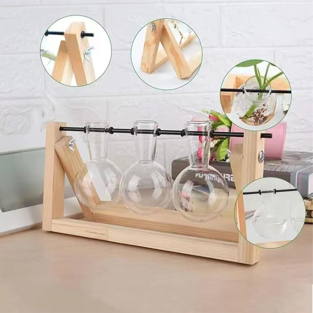 Plant Terrarium Wooden Stand Propagation Stations Glass Hydroponics Bulb Vase Desk Plants Holder for Gardening Office Home Decor 3 Glass Vase image number 2
