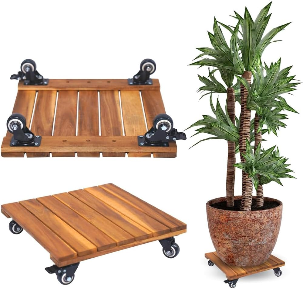 2 Pack Plant Caddy with Wheels,Flower Pot Tray,With 360&deg; Lockable Wheels,Convenient Durable,High Load Bearing,Wood Plant Dolly,For Indoor,Outdoor,Patio,Flower,Succulent Pot