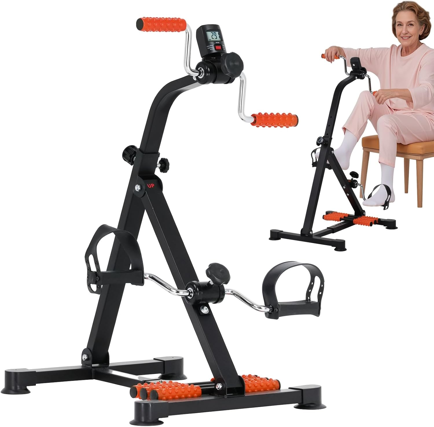 ADVWIN Pedal Exerciser Bike for Seniors, Arms + Legs Physical Therapy, Adjustable Resistance & Height, LCD Display, Black&Orange image number 3