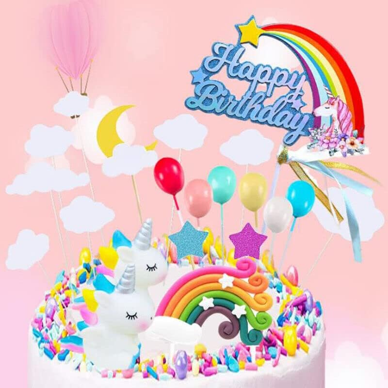 AIMALL 21Pcs/Set Unicorn Cake Topper Kit Cloud Rainbow Happy Birthday Banner Decoration with Rainbow, Happy Birthday Banner, Clouds, Stars & Moon, and Unicorns, Fits 6-10 Inch Cakes image number 6