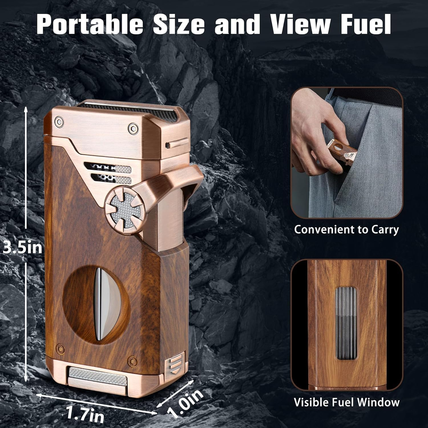 5-In-1 Torch Lighter with V Cutter, Punch, Holder, Nubber, Adjustable Windproof 4 Jet Flame, Multi-Functional Lighter Accessories,Butane Refillable Lighter for Travel, Outdoors (Brown) image number 2