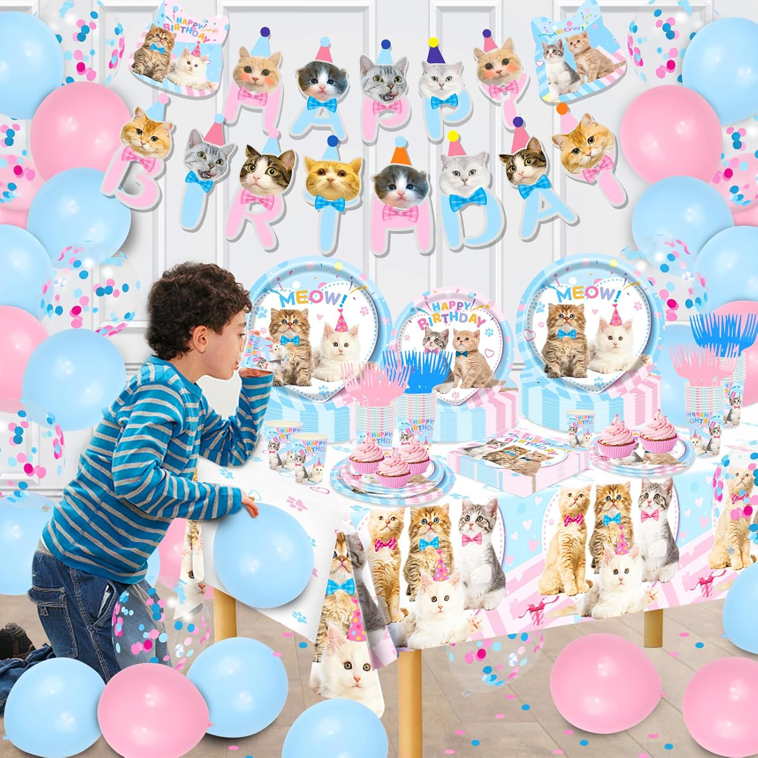 146Pcs Cat Birthday Party Supplies-Serves 24, Cat Party Decorations Kitten Disposable Tableware with Cat Party Plates Cups Napkins Tablecloth Balloons for Kitten Birthday Party Decorations Supplies image number 5