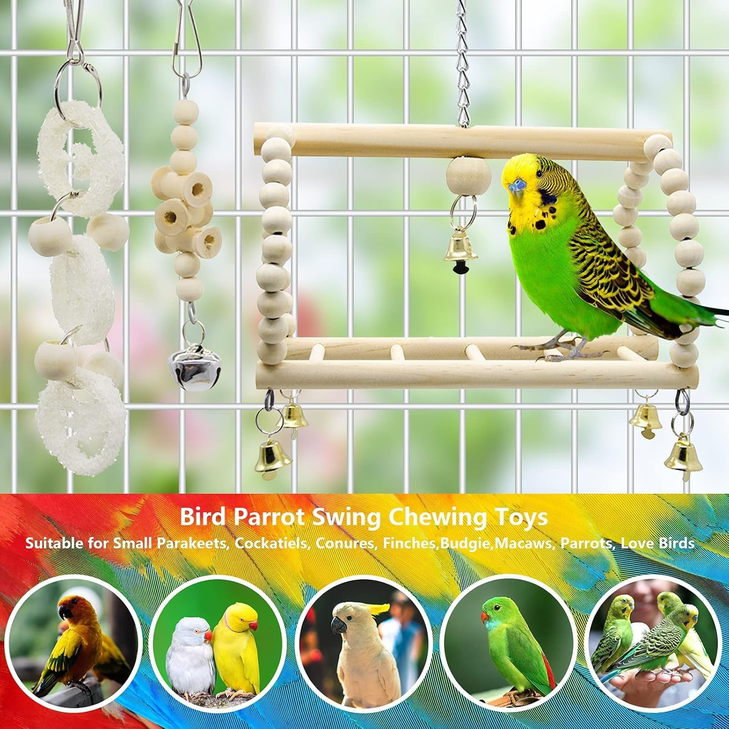 Parakeet Bird Cockatiel Toys, Pet Bird Cage Swing Hammock Chewing Toy Hanging Bell Wooden Perch for Conures, Love Birds, Finches, Budgie (Colourful-8) image number 1